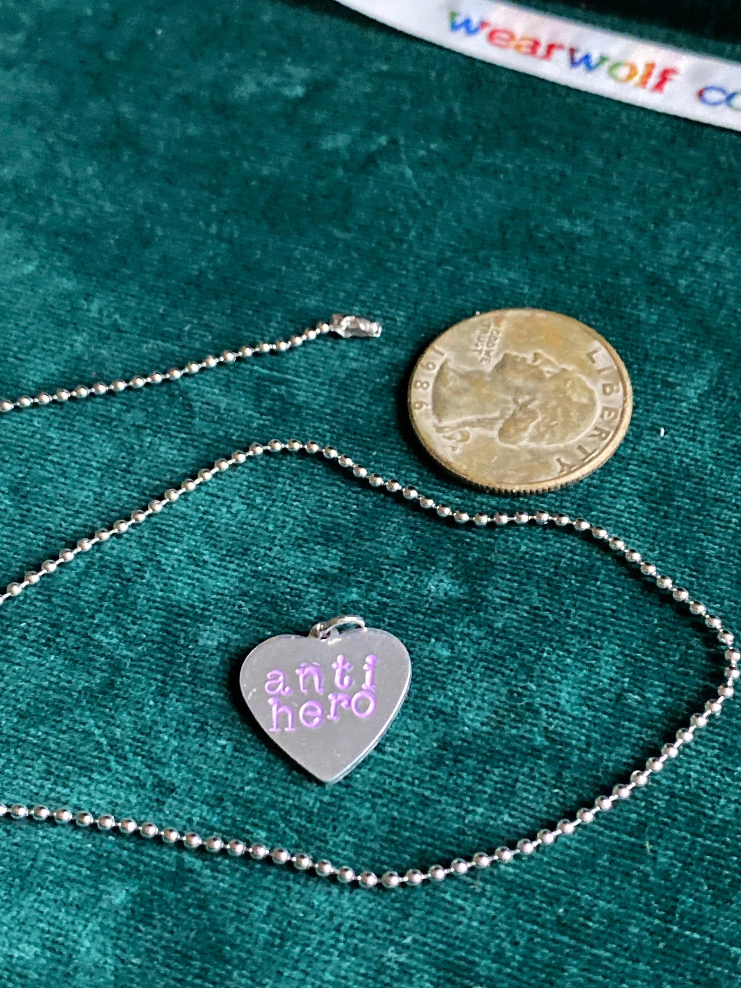 Anti- hero heart shaped necklace pendant, ball chain included