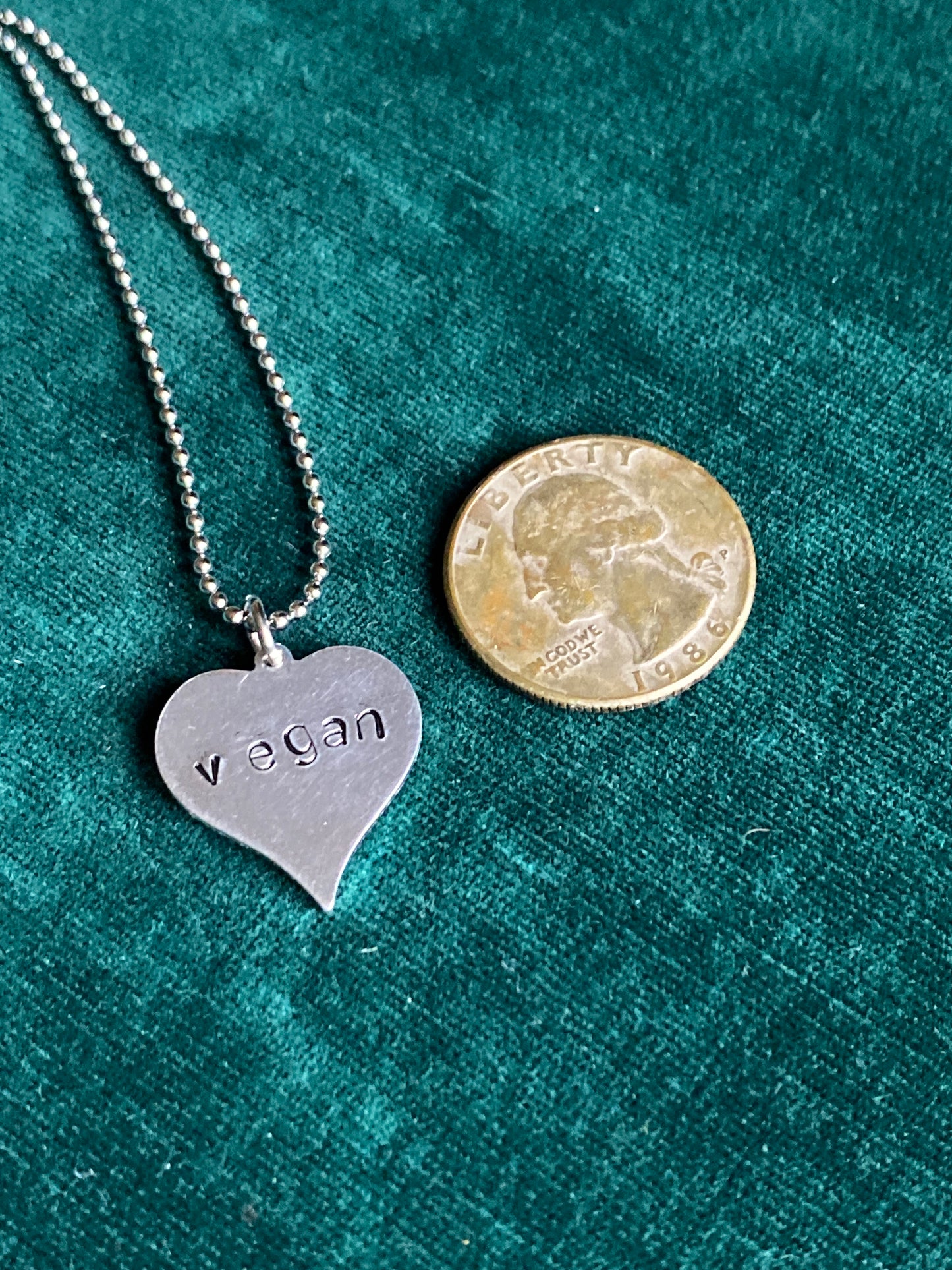 Vegan heart shaped necklace pendant, ball chain included